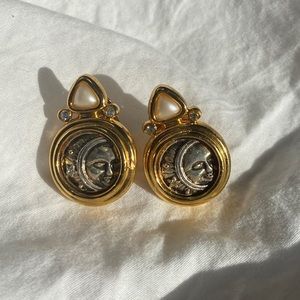 Vintage Moon and Stars Clip-On Earrings with Gold Details